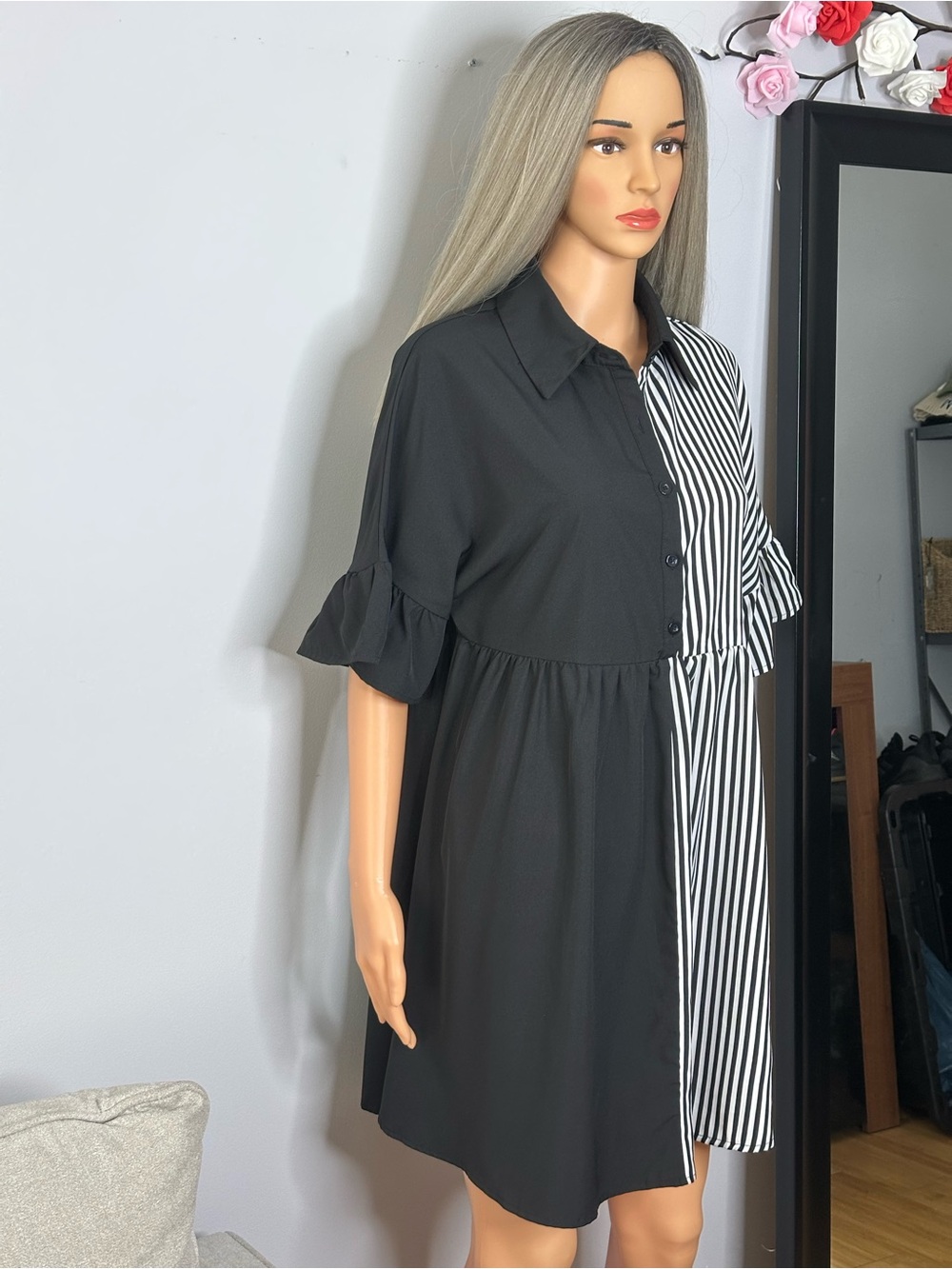 Black & White Striped Half-Button Shirt Dress Sz M like new - Picture 4 of 9